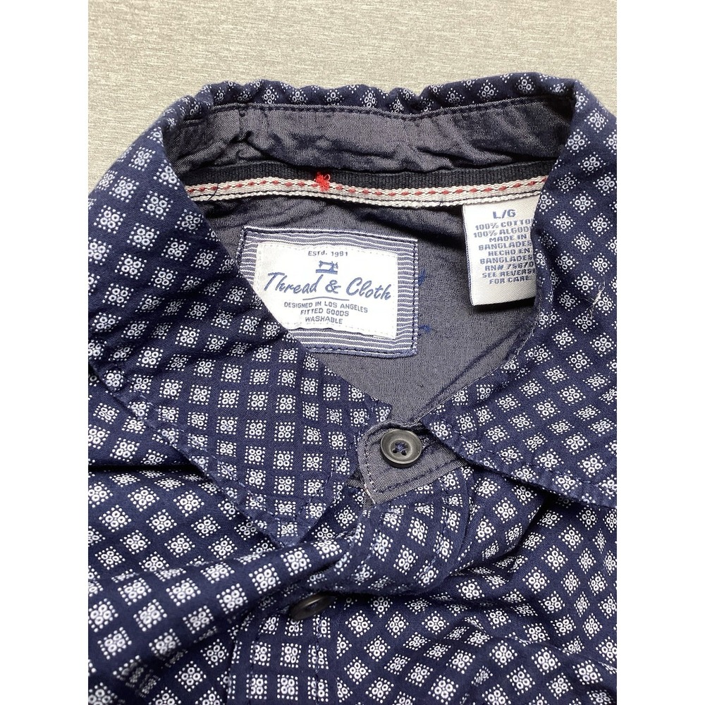 Thread & Cloth Men's Dress Shirt Size L Collar Navy Blue Print